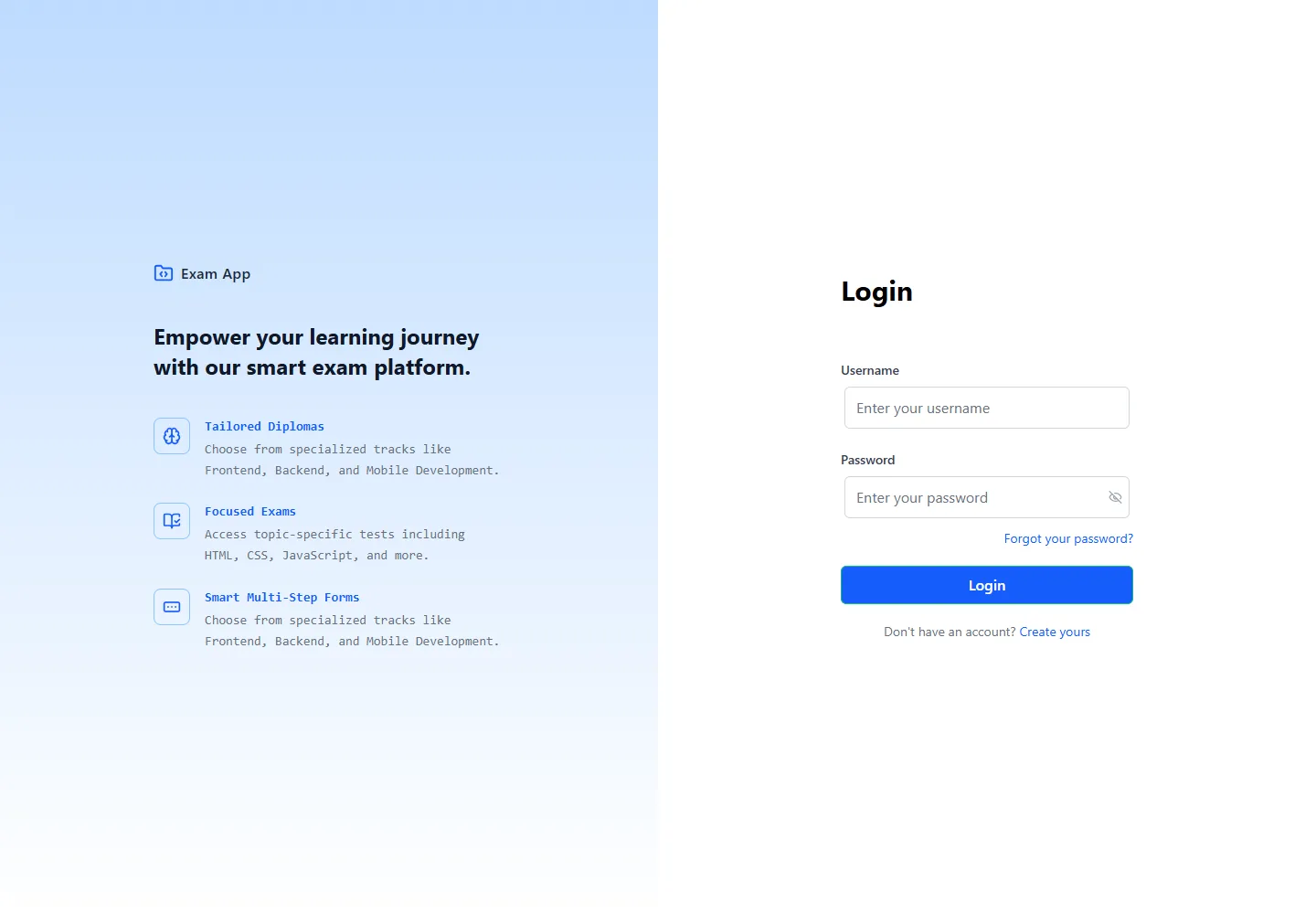 Online Exam sign-in page captured from the Angular application running locally.
